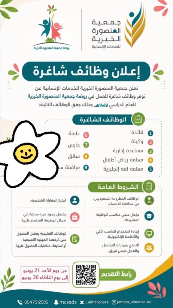 جمعية المنصورة الخيرية للخدمات الإنسانية تعلن وظائف شاغرة للرجال والنساء للعام الدراسي بالأحساء